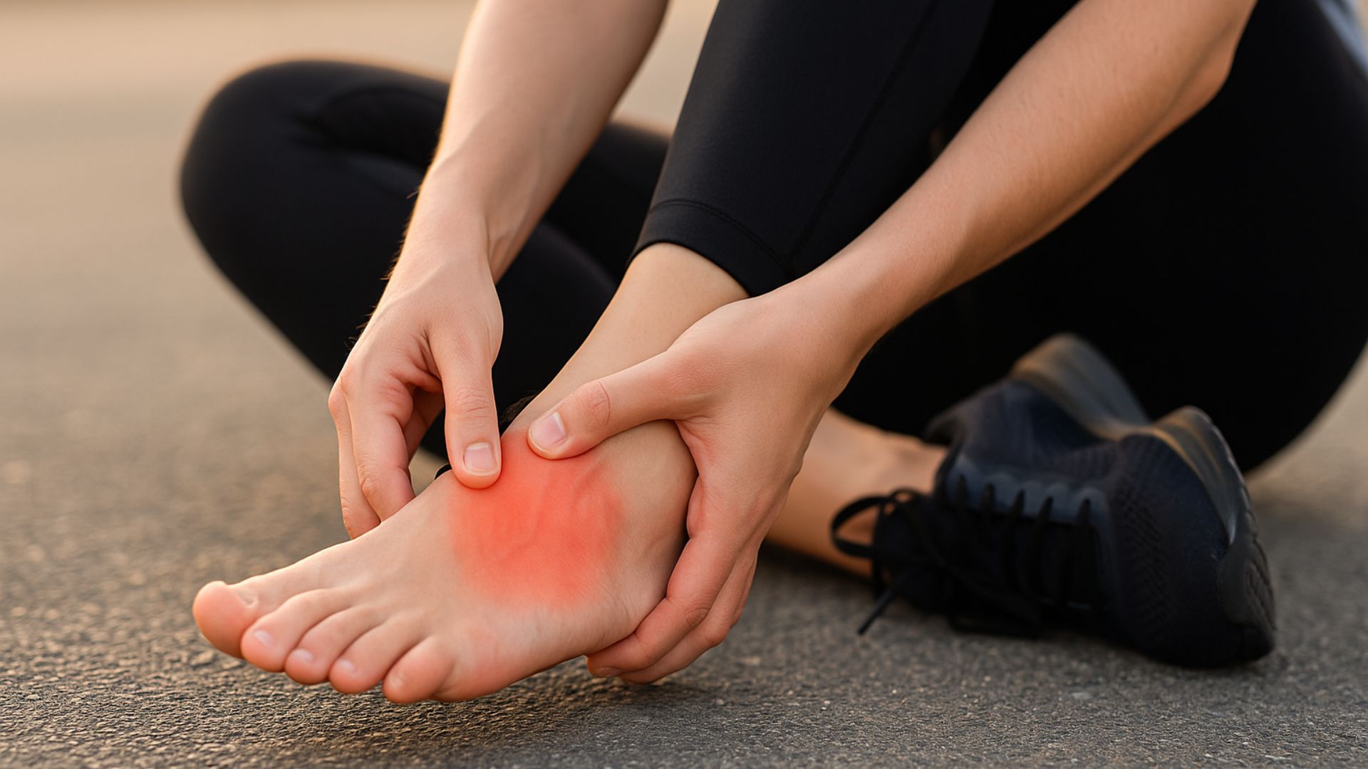 Close-up of a person holding the arch of their foot with visible redness, indicating discomfort. Foot ache after running is often felt in this area due to strain on the plantar fascia and surrounding muscles.