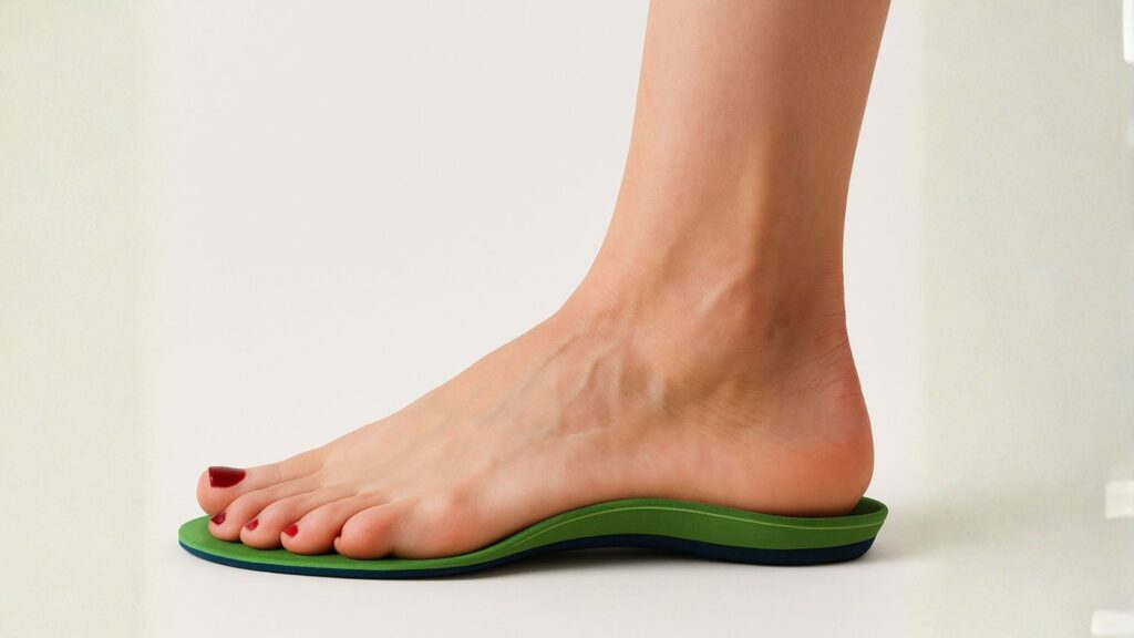 Foot resting on custom orthotic insole with arch support to improve alignment and balance