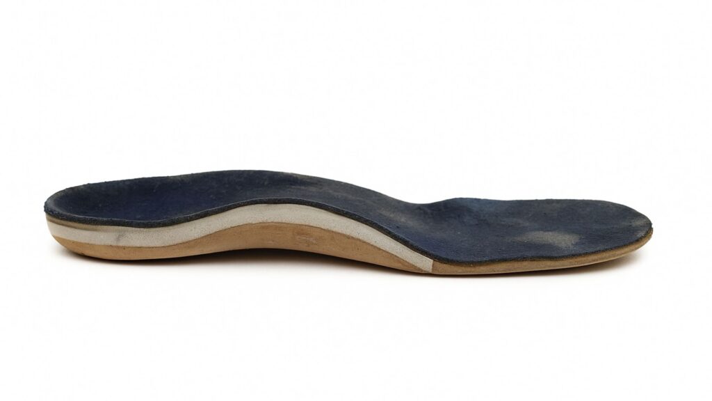 Side view of custom orthotic insole showing layered materials and curved arch for foot correction