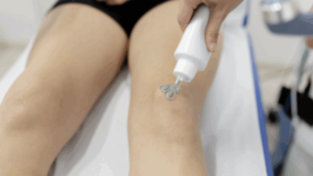Close-up of conductive gel being applied to a patient’s knee before radial shockwave therapy to improve treatment effectiveness.