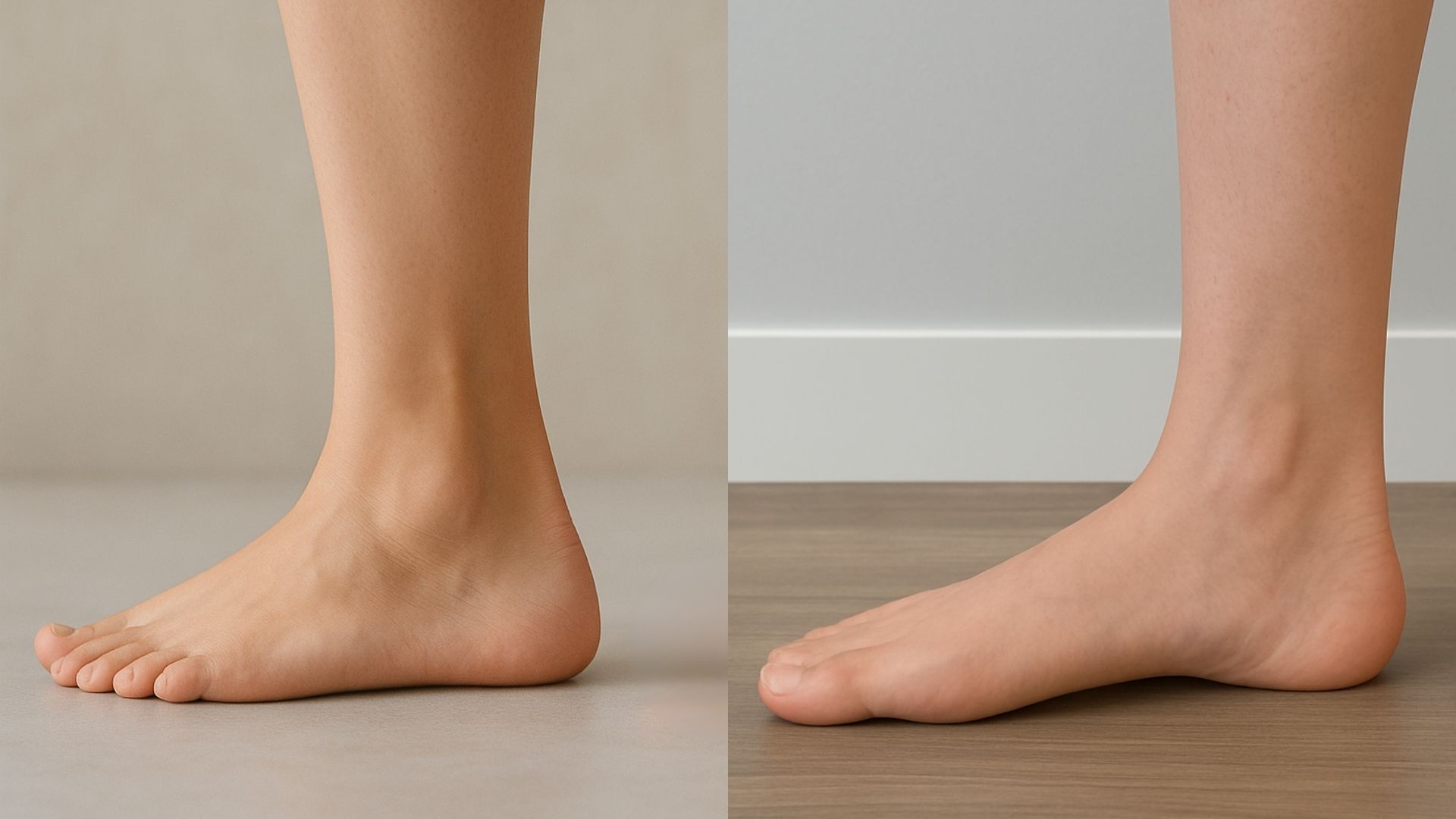 Side-by-side image showing a normal foot arch compared to a high-arched foot, highlighting differences in arch height and foot posture.
