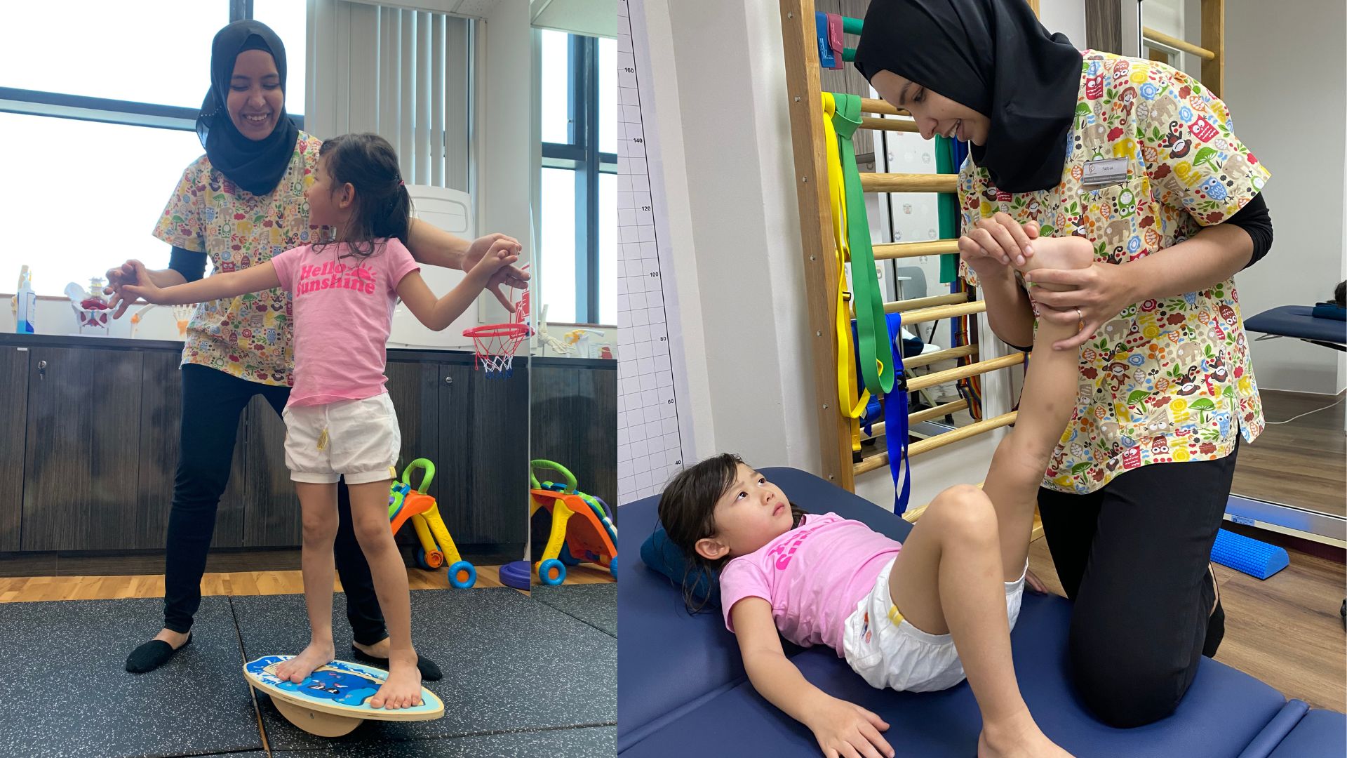 Paediatric physiotherapist assisting a child with balance training and leg mobility exercises during therapy.