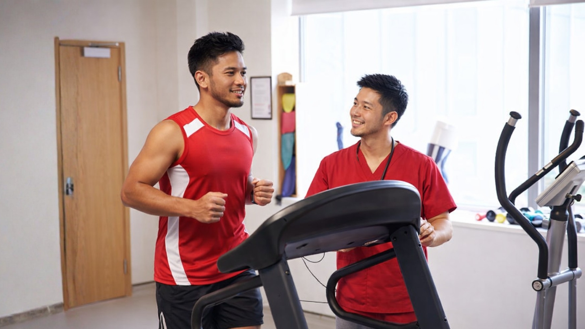 Physiotherapist supervising a patient running on a treadmill during a rehabilitation session.