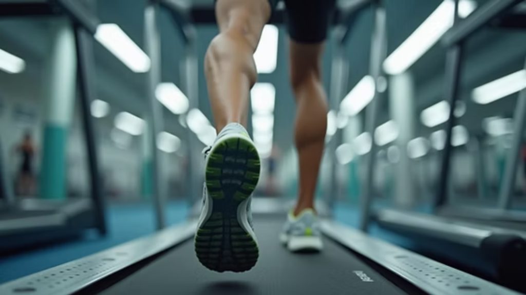 Close-up of a runner’s feet on a treadmill during running gait analysis.
