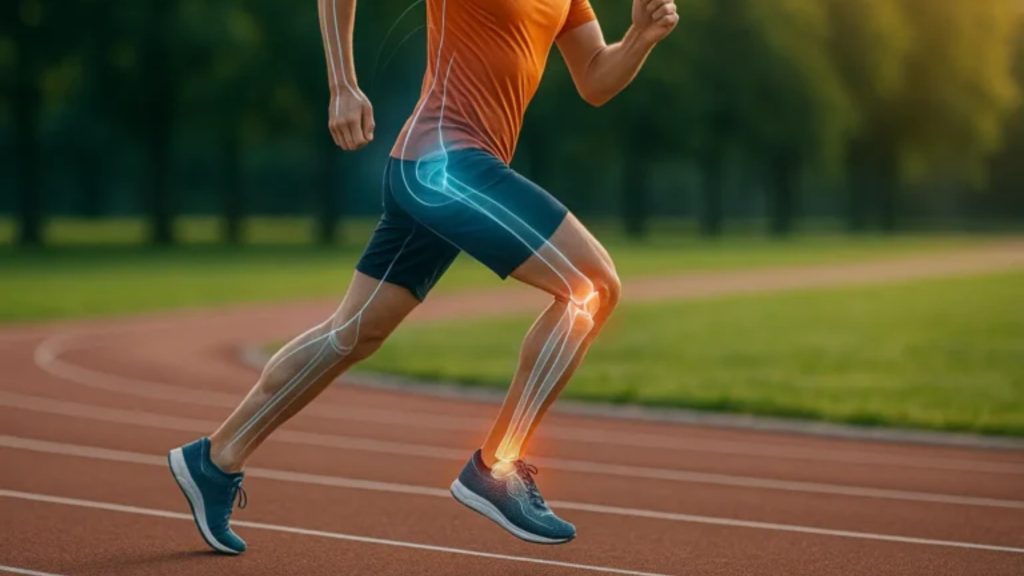 Runner in motion with highlighted knee and hip joints, illustrating how running mechanics affect joint loading.
