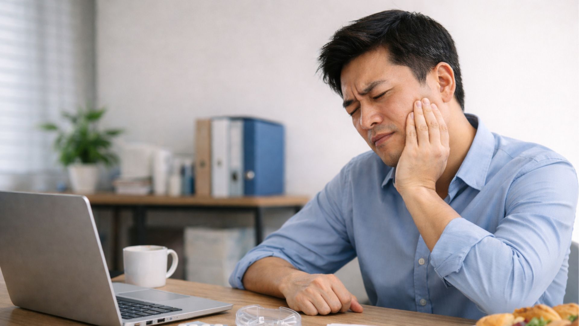 Asian office worker sitting at desk holding his jaw in pain beside laptop, painkillers and mouth guard, illustrating recurring jaw pain in Singapore.
