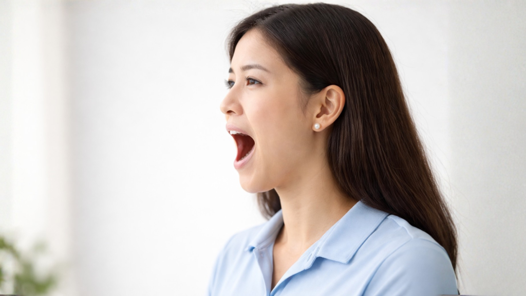 Side profile of an Asian woman opening her mouth neutrally to demonstrate jaw movement.