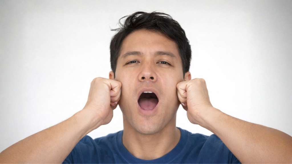 Asian man performing jaw-strengthening exercise by pressing fists against cheeks while opening mouth.