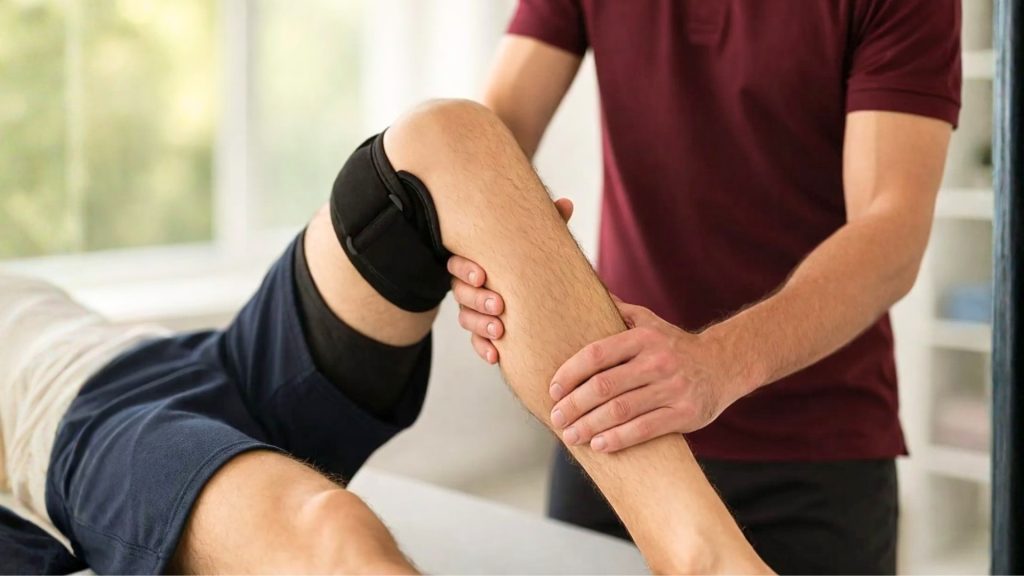 Physiotherapist performing knee assessment on patient with knee brace during ACL rehabilitation session.