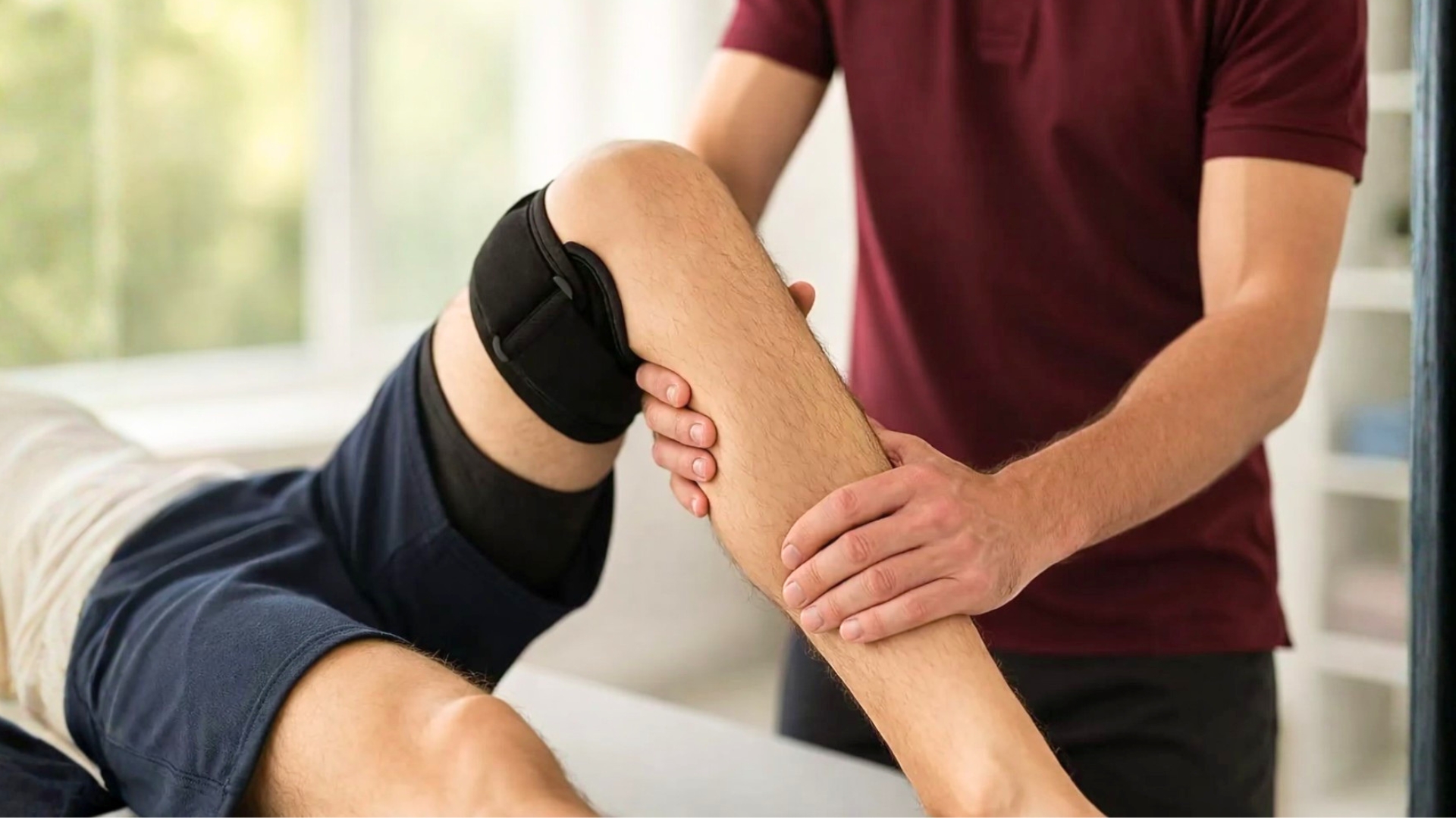 Physiotherapist performing knee assessment on patient with knee brace during ACL rehabilitation session.