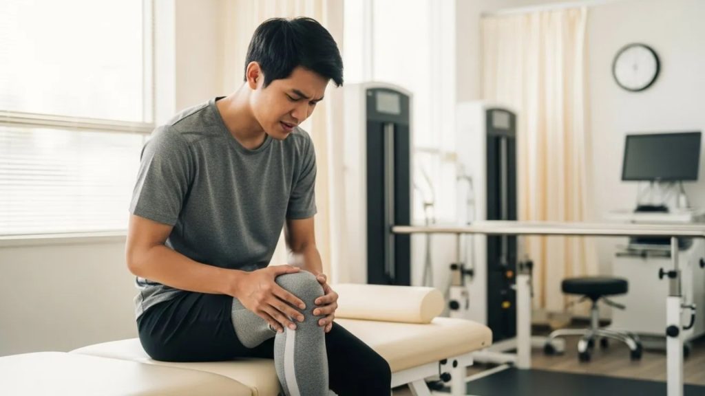 Man holding knee in pain while seated in clinic, showing symptoms of knee injury or ACL tear.
