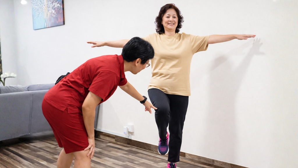 Home physiotherapy session with senior woman practicing balance exercises.