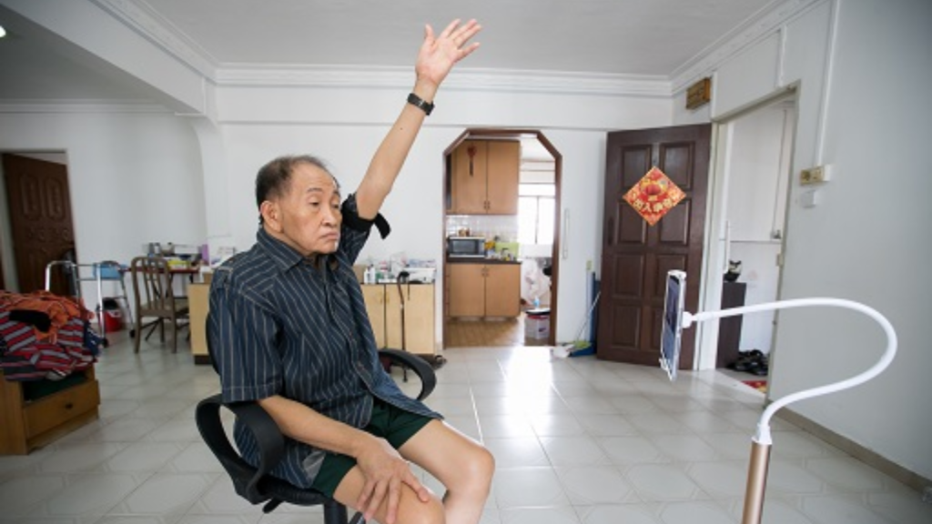 Elderly man performing seated arm raise exercise in living room during home physio session.