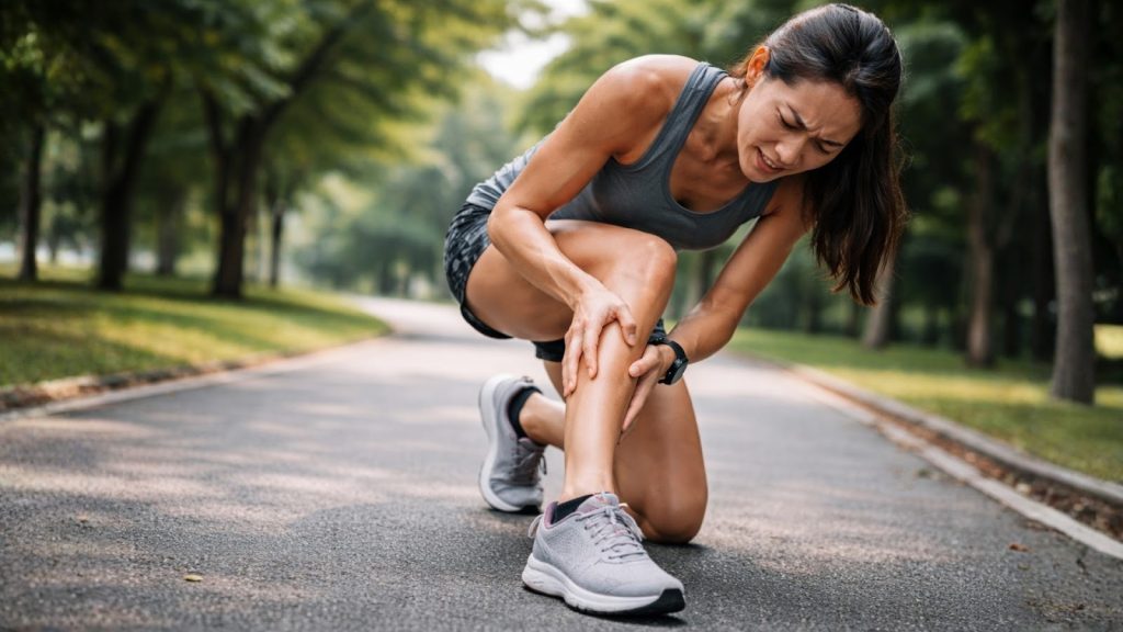 Woman holding knee in pain when running outdoors.