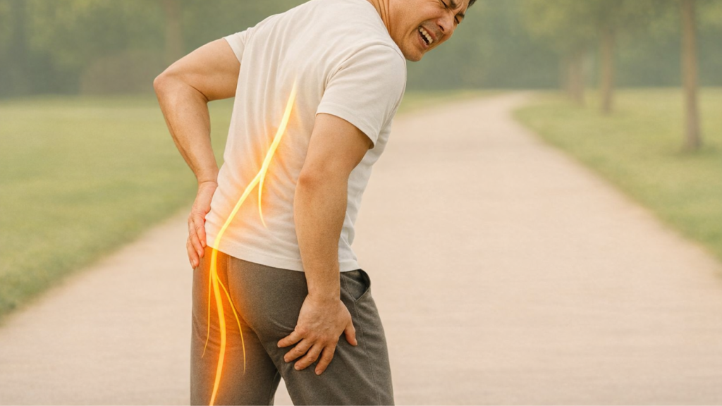 Asian man experiencing sciatica pain with highlighted sciatic nerve pathway radiating from lower back down the leg outdoors