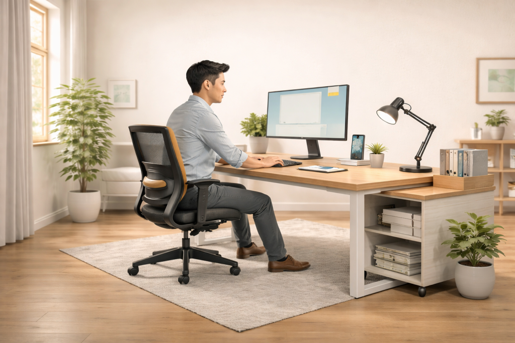 Asian office worker sitting in ergonomic posture at desk with proper chair support and monitor at eye level for sciatica-friendly workspace