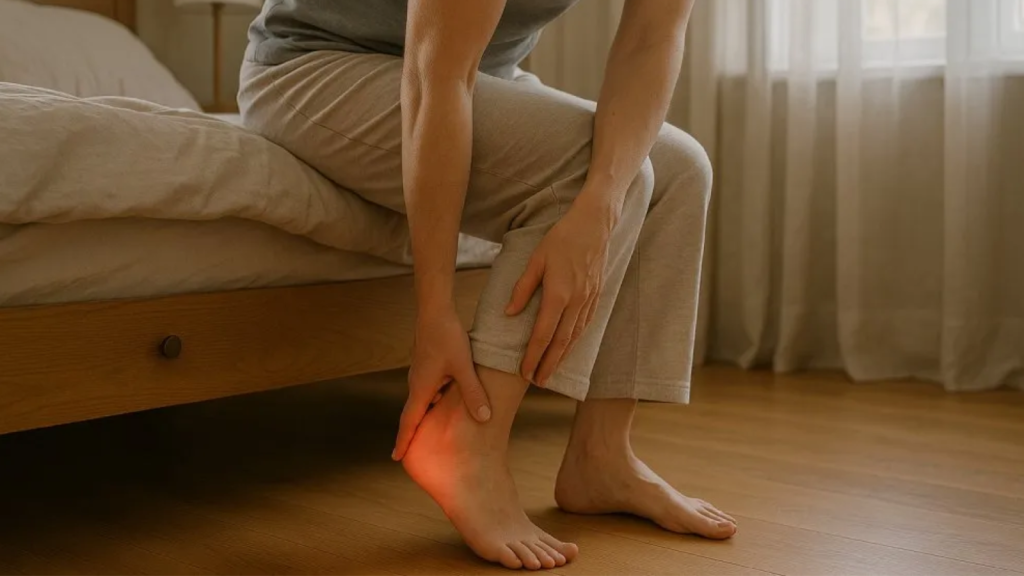 Person experiencing heel pain during first steps after getting out of bed, a common symptom of chronic plantar fasciitis due to reduced load tolerance