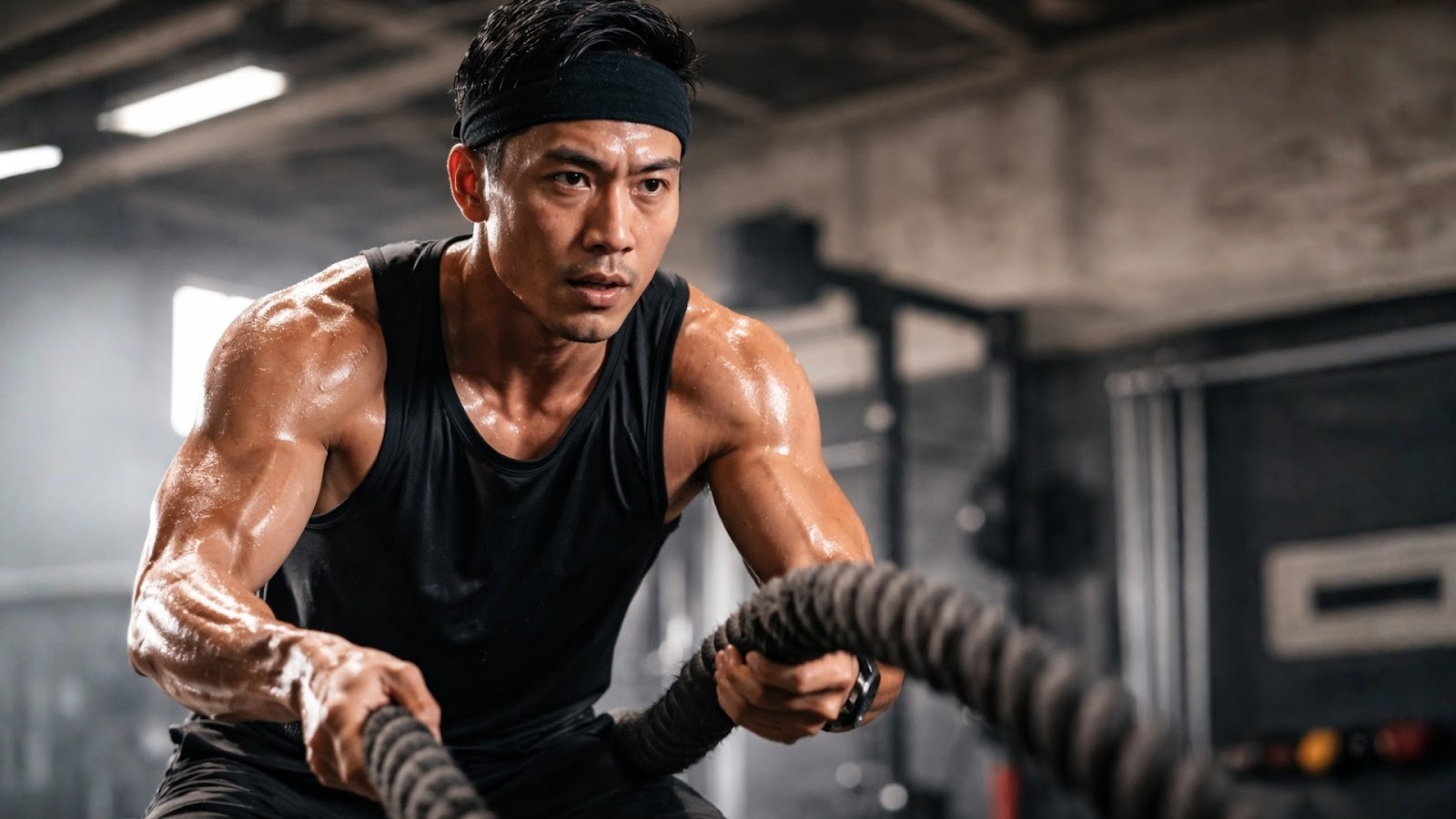 Man performing battle rope exercise during an intense gym workout.