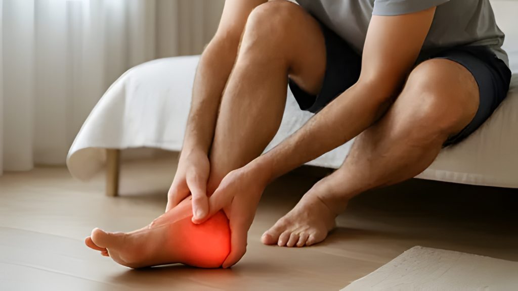Man holding heel in pain, illustrating common symptoms of tendonitis.
