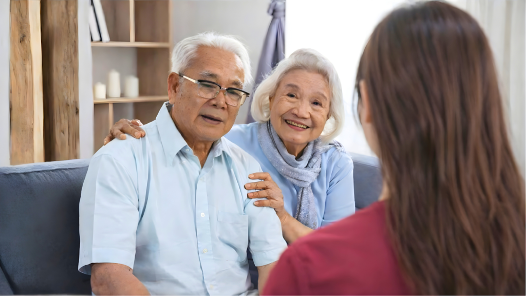 Elderly patients consulting healthcare professional in Singapore, suitable for non-urgent physiotherapy care
