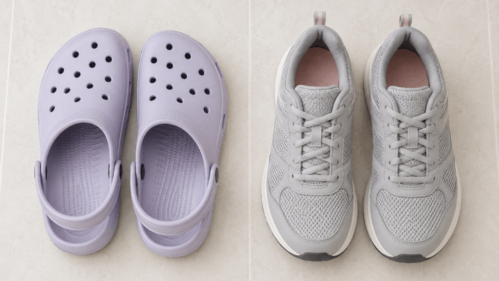 Crocs-style foam clogs placed beside supportive walking shoes, comparing casual comfort with structured footwear support for foot pain. 