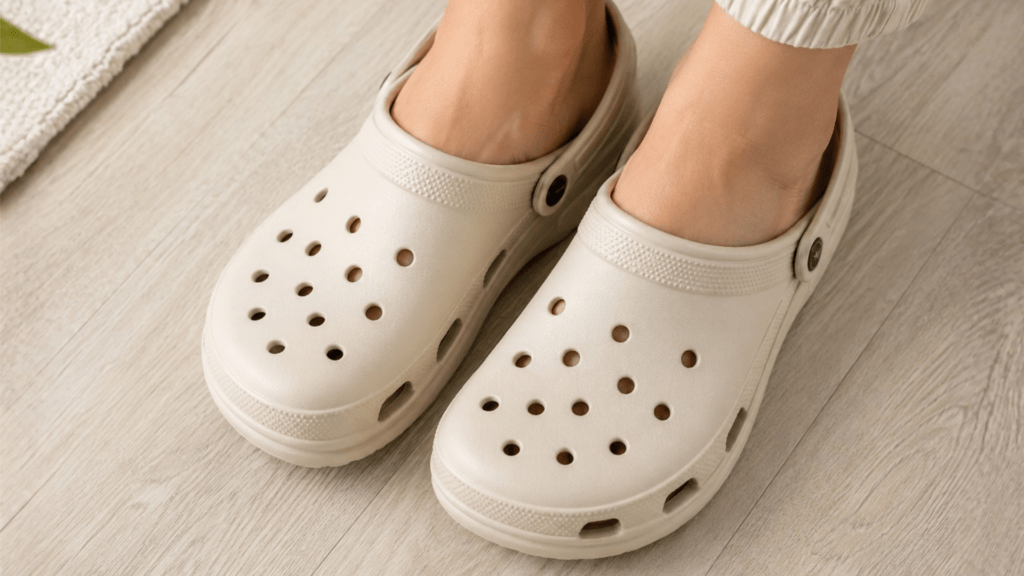 Close-up of feet wearing Crocs-style foam clogs, showing the roomy toe box and cushioned design for casual foot comfort.