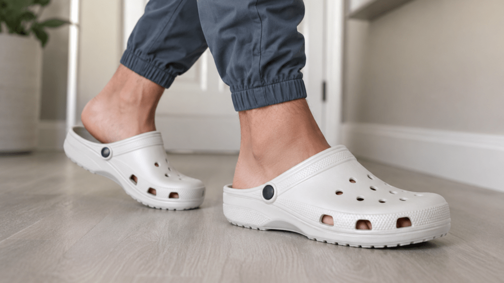 Close-up of a person walking in Crocs-style foam clogs, highlighting foot movement, ankle position, and possible footwear-related strain 