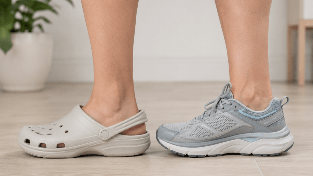 Comparison of Crocs-style foam clogs and supportive footwear, highlighting heel cushioning, arch support, and stability for plantar fasciitis 