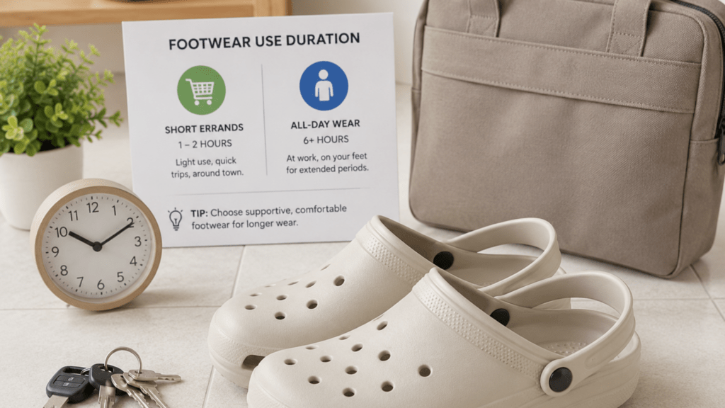 Crocs-style foam clogs beside everyday items, showing how duration of wear can affect foot support and comfort. 