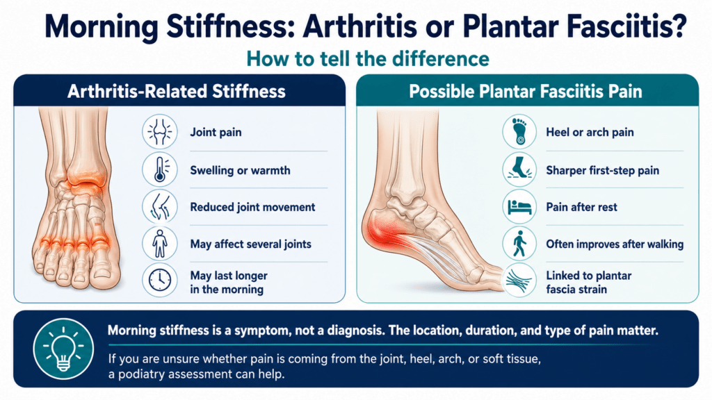 Infographic comparing arthritis-related morning stiffness with plantar fasciitis heel and arch pain, showing key differences in pain location, duration, and symptoms. 