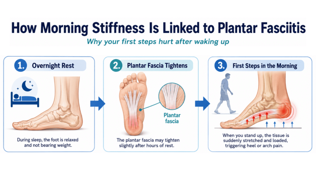 Infographic showing how overnight rest can tighten the plantar fascia and cause heel or arch pain during the first steps in the morning. 