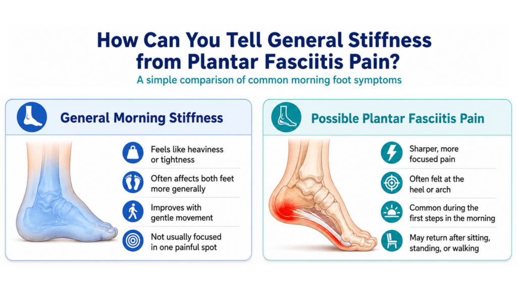 Comparison of general morning foot stiffness and plantar fasciitis pain, showing that stiffness feels more like tightness while plantar fasciitis is sharper and focused around the heel or arch. 