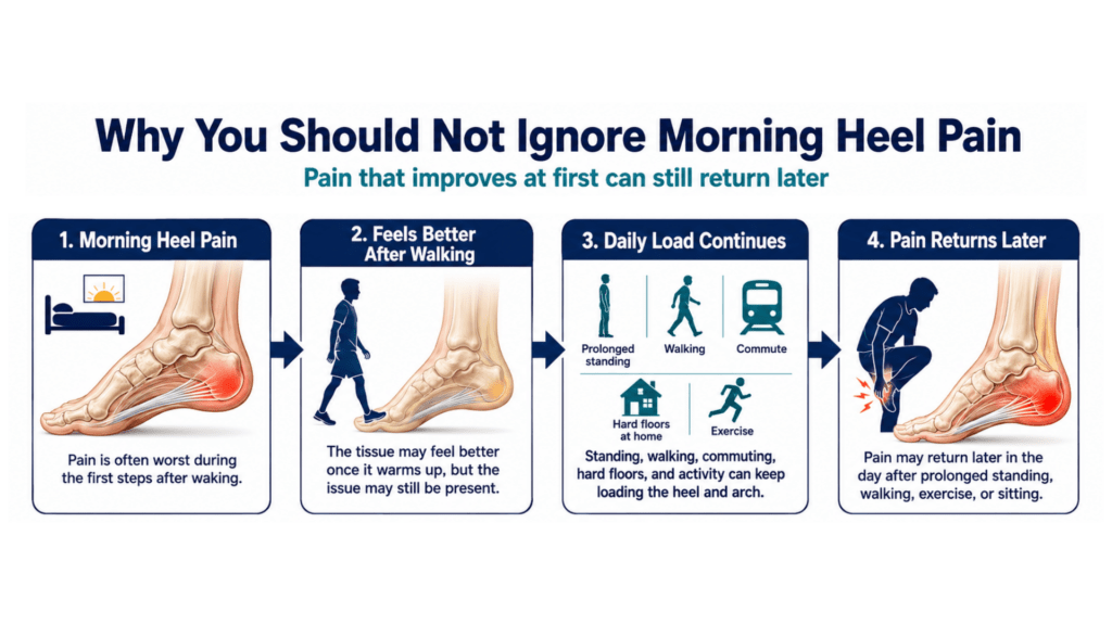 Infographic showing that morning heel pain may improve after walking but return later in the day due to ongoing strain on the plantar fascia. 