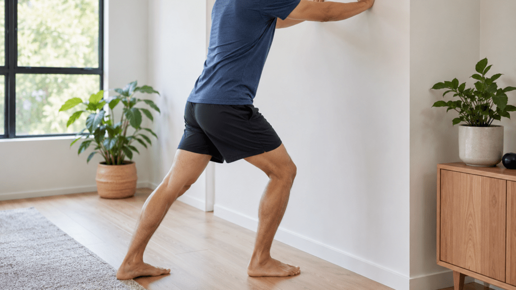 Asian man performing a wall calf stretch with his hands on the wall, one foot behind the other, and the back heel kept on the floor.