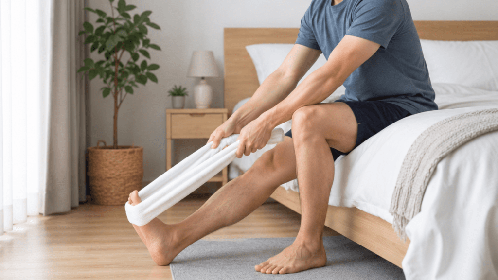 Asian man sitting on the edge of a bed doing a towel calf stretch before getting out of bed. 
