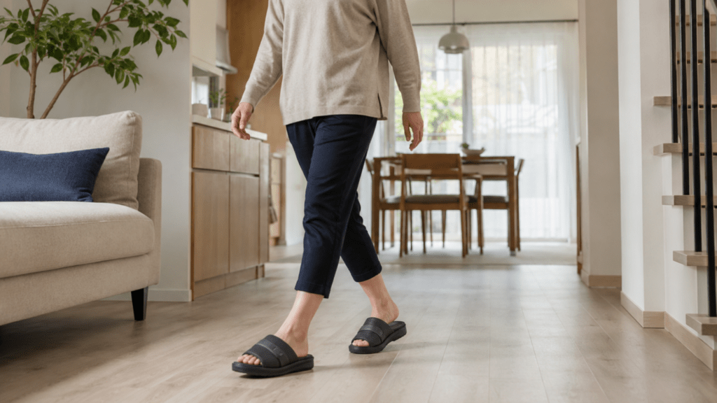 Asian woman walking at home in supportive slippers to reduce strain on the heel, arch, and plantar fascia. 