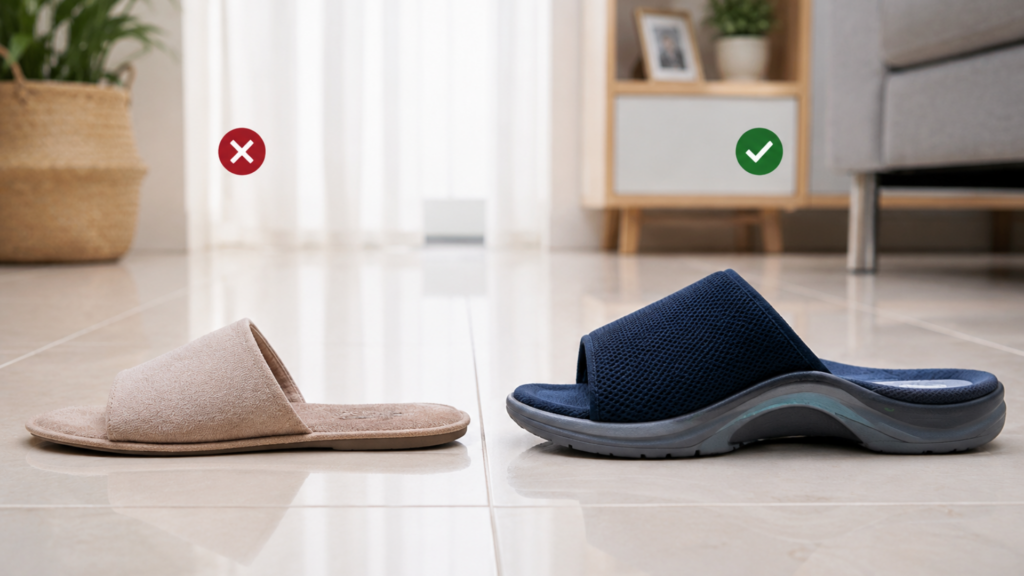 Comparison of flat indoor slippers and supportive arch support slippers on hard home flooring for people with flat feet. 