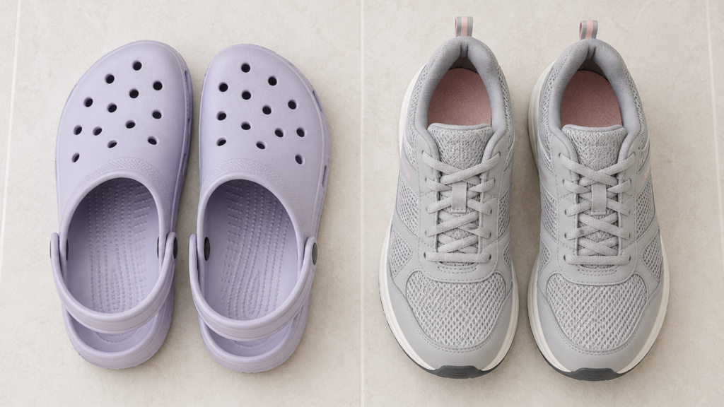 Crocs-style foam clogs placed beside supportive walking shoes, comparing casual comfort with structured footwear support for foot pain.