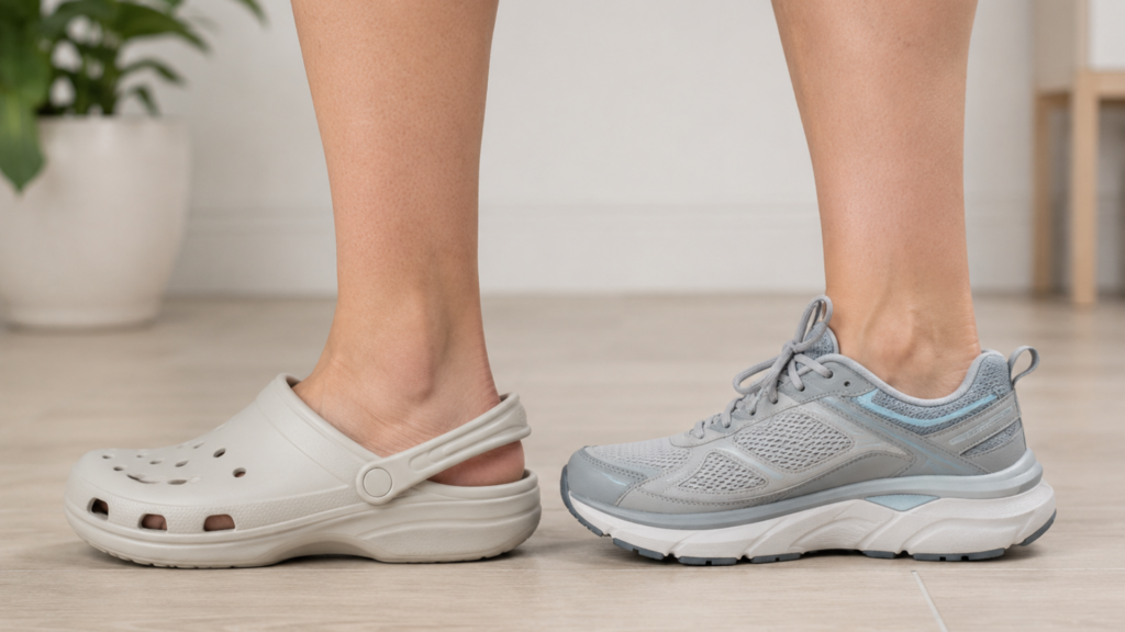 Comparison of Crocs-style foam clogs and supportive footwear, highlighting heel cushioning, arch support, and stability for plantar fasciitis