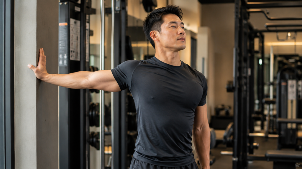 Man stretching his chest and shoulder against a wall to relieve sternum discomfort