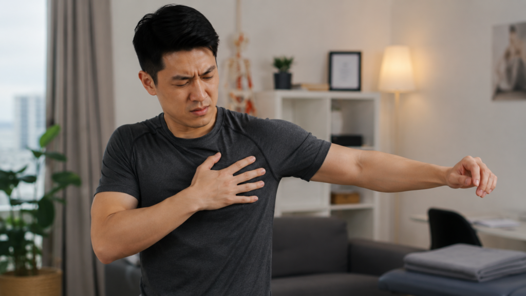 Man experiencing sternum discomfort while stretching his arm at home