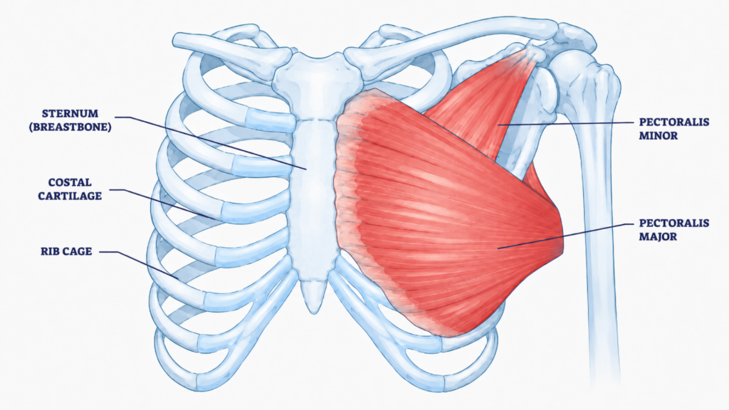 Anatomy illustration showing the sternum, rib cage, costal cartilage and pectoral muscles