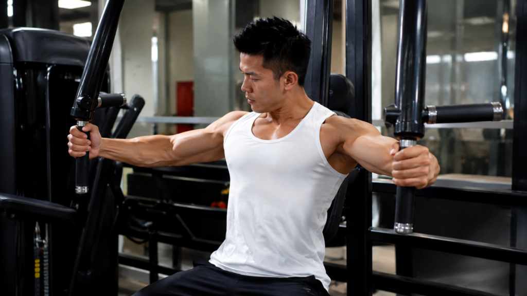 Man performing chest fly exercise on gym machine for pectoral strengthening