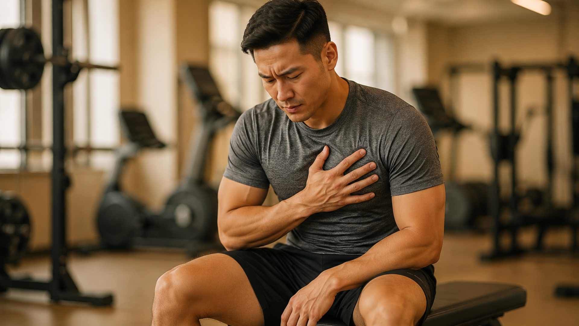 Asian man holding his chest due to sternum pain during a gym workout