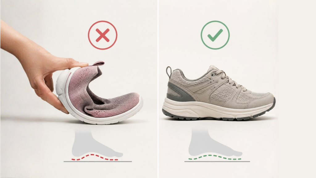 Soft flexible shoe compared with a supportive structured shoe for better foot stability and arch support. 