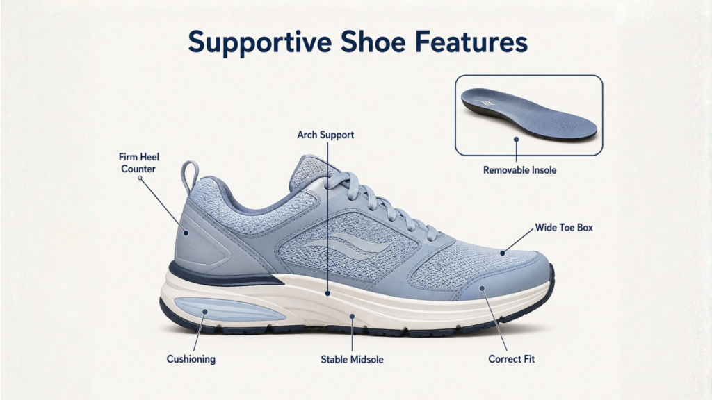 Supportive shoe features including arch support, firm heel counter, stable midsole, cushioning, wide toe box, correct fit, and removable insole. 