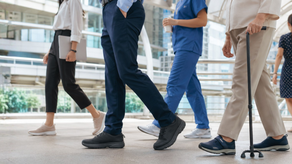 Singapore office workers, healthcare staff, and seniors walking in supportive shoes for long hours of standing and commuting. 