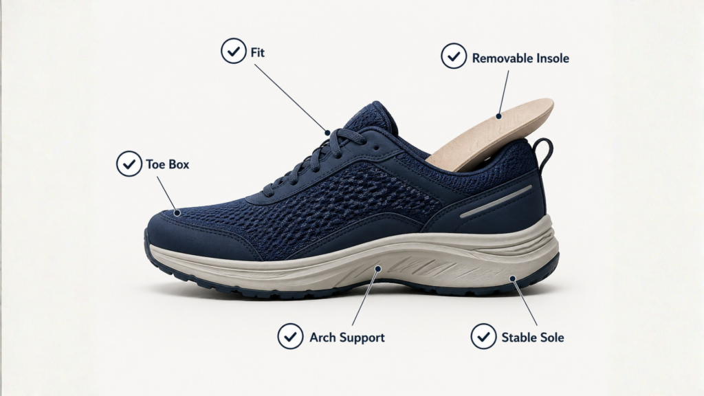 Orthopedic shoe buying checklist showing fit, arch support, heel counter, cushioning, toe box width, stable sole, and removable insole 