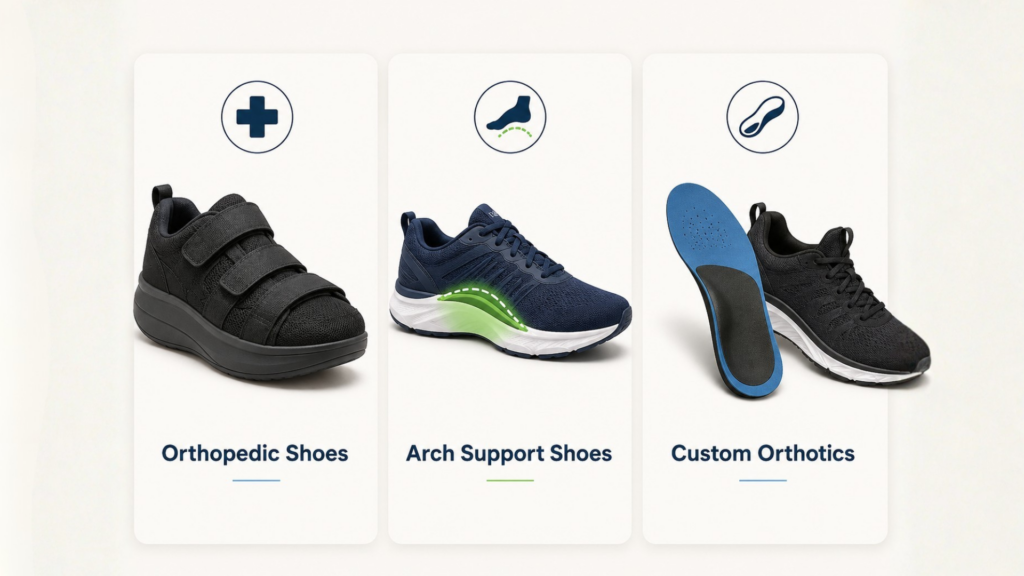 Comparison of orthopedic shoes, arch support shoes, and custom orthotics for foot pain support 