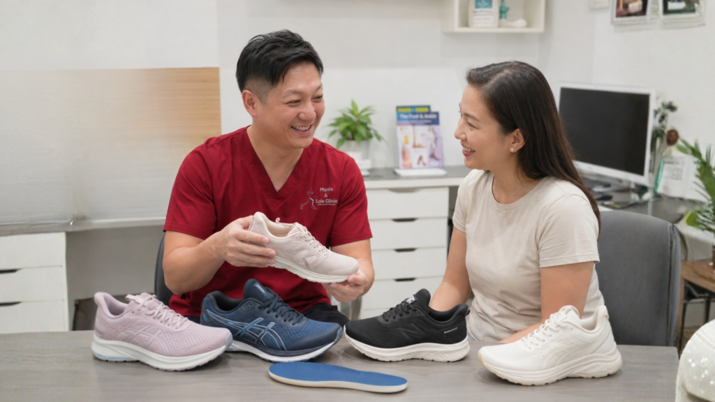 Podiatrist in Singapore helping a patient choose supportive orthopaedic shoes based on foot pain and foot type 